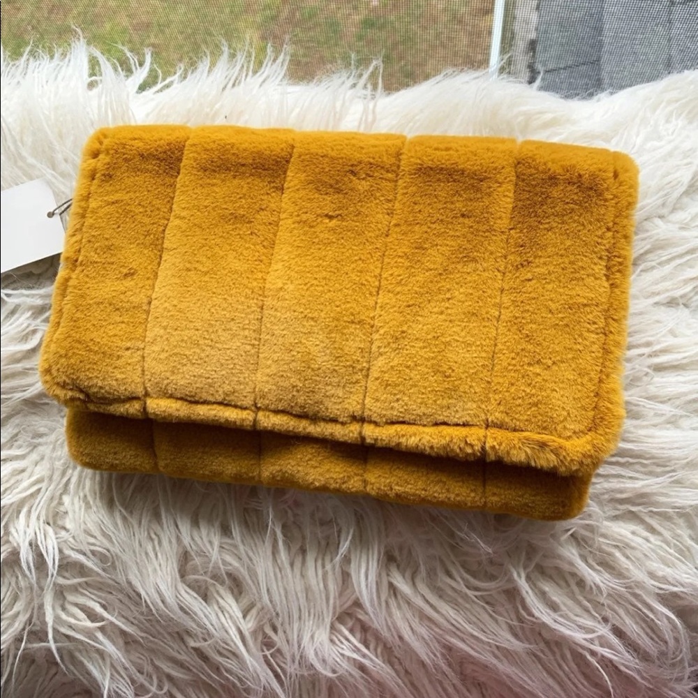 Faux fur camel mustard clutch bag handbag